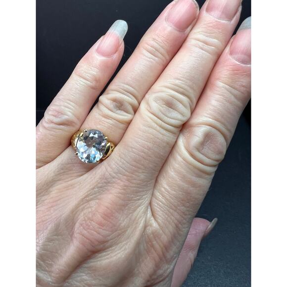 Vintage 14K Gold Aquamarine Solitaire Ring Filigree Statement Size 7 - Picture 2 of 16